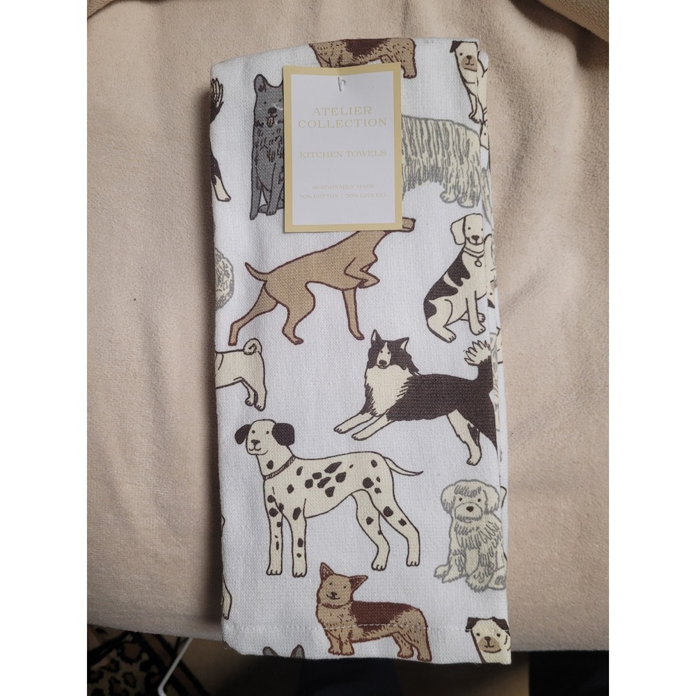 Atelier Collection Designer Doggie Motif Kitchen Towels Cotton Lyocell Set/2 NEW